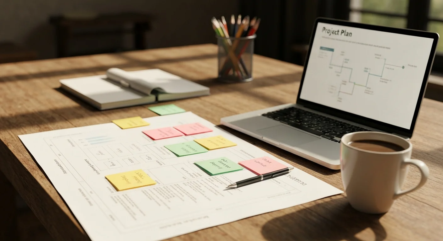 Notizen und Skizzen zum Abschlussprojekt auf einem Schreibtisch