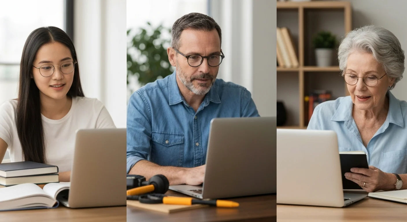 Drei Personen unterschiedlichen Alters und Hintergrunds in einem Online-Meeting auf Laptops