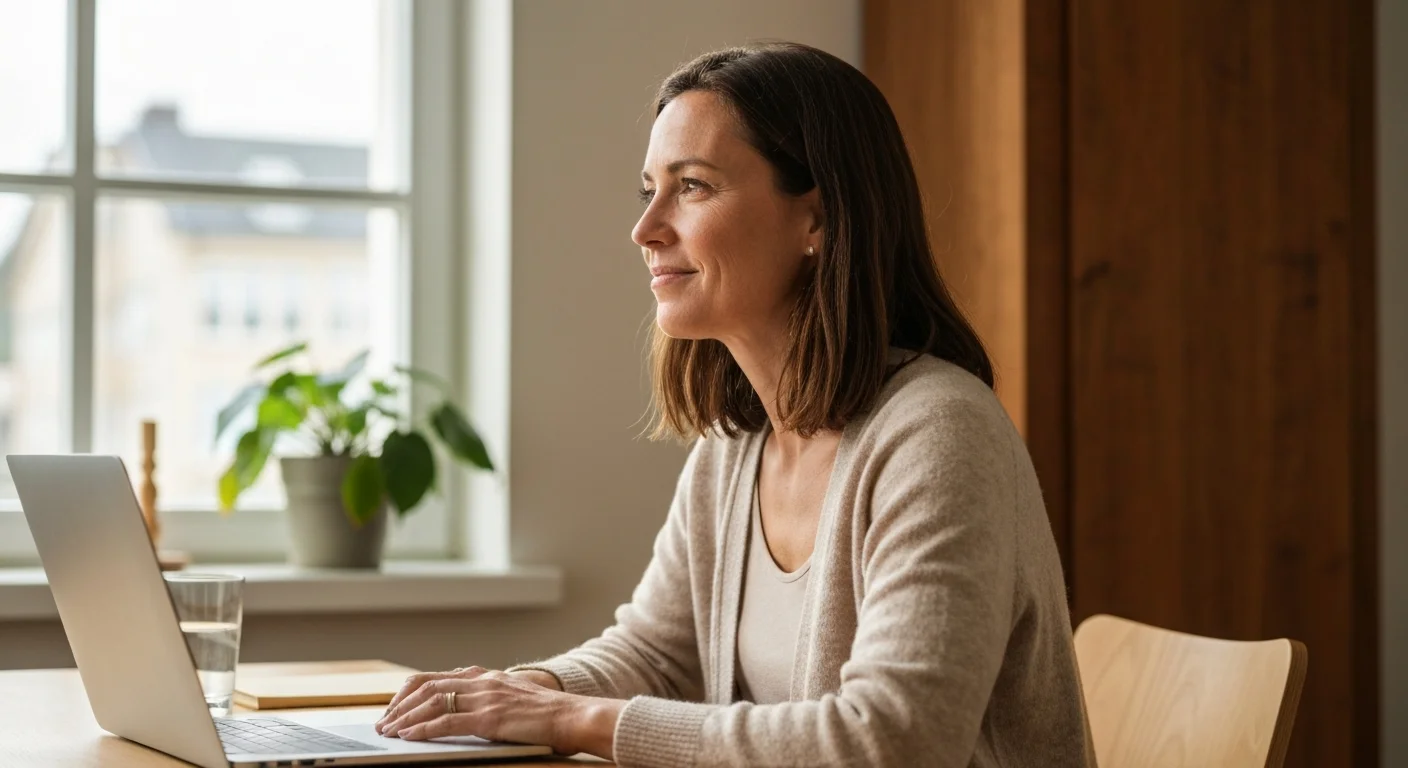 Frau am Home-Office-Schreibtisch schaut über den Monitor ins Fenster, entspannte Haltung