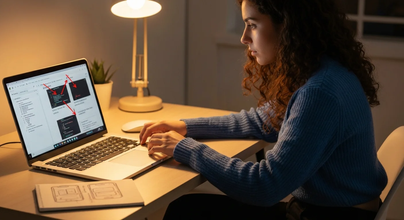 Laptop-Bildschirm mit annotierten Screenshots und Workflow-Diagrammen