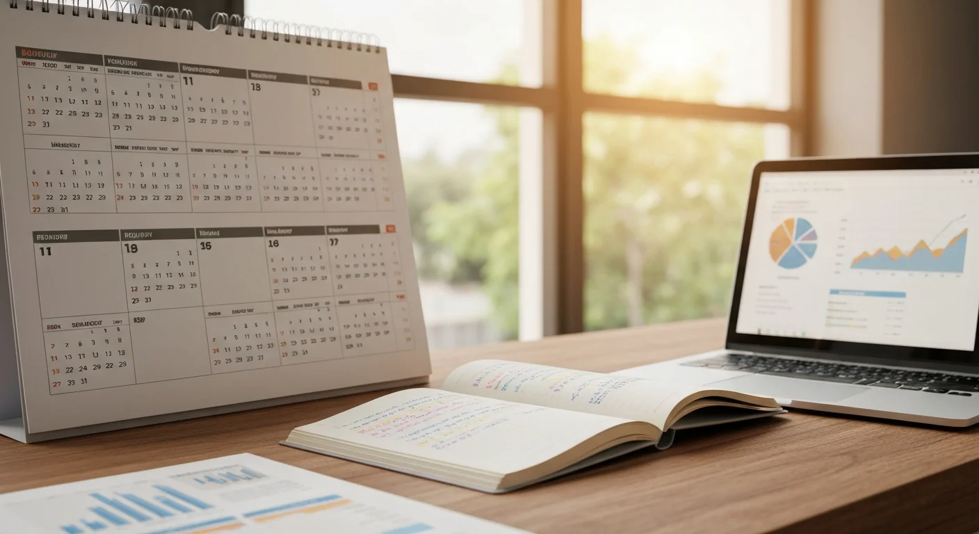 Wandkalender mit markierten Monaten und Notizbuch auf einem Schreibtisch