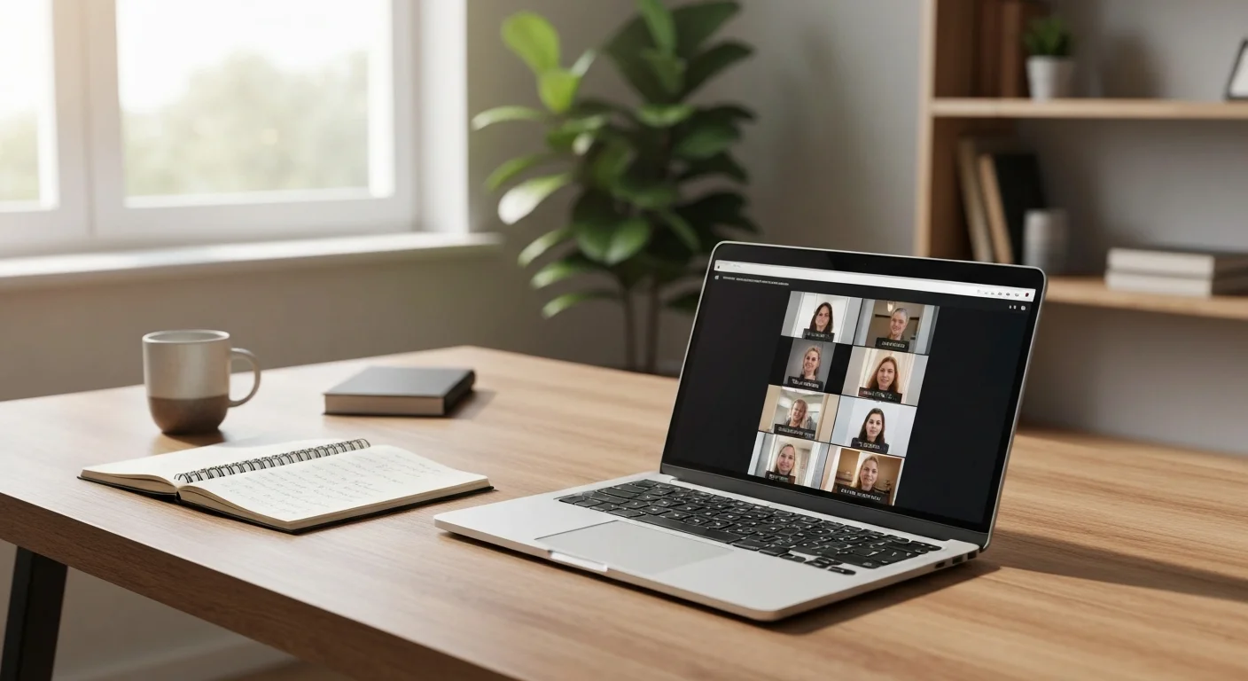 Laptop mit Videokonferenz-Kachelansicht einer Online-Weiterbildungsgruppe auf einem Holzschreibtisch