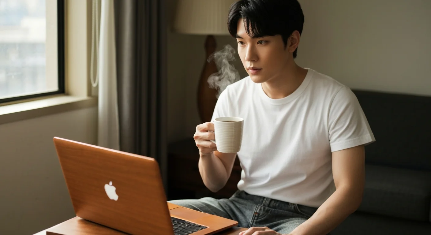 Person mit Notizbuch und Stift beim Brainstorming am Küchentisch