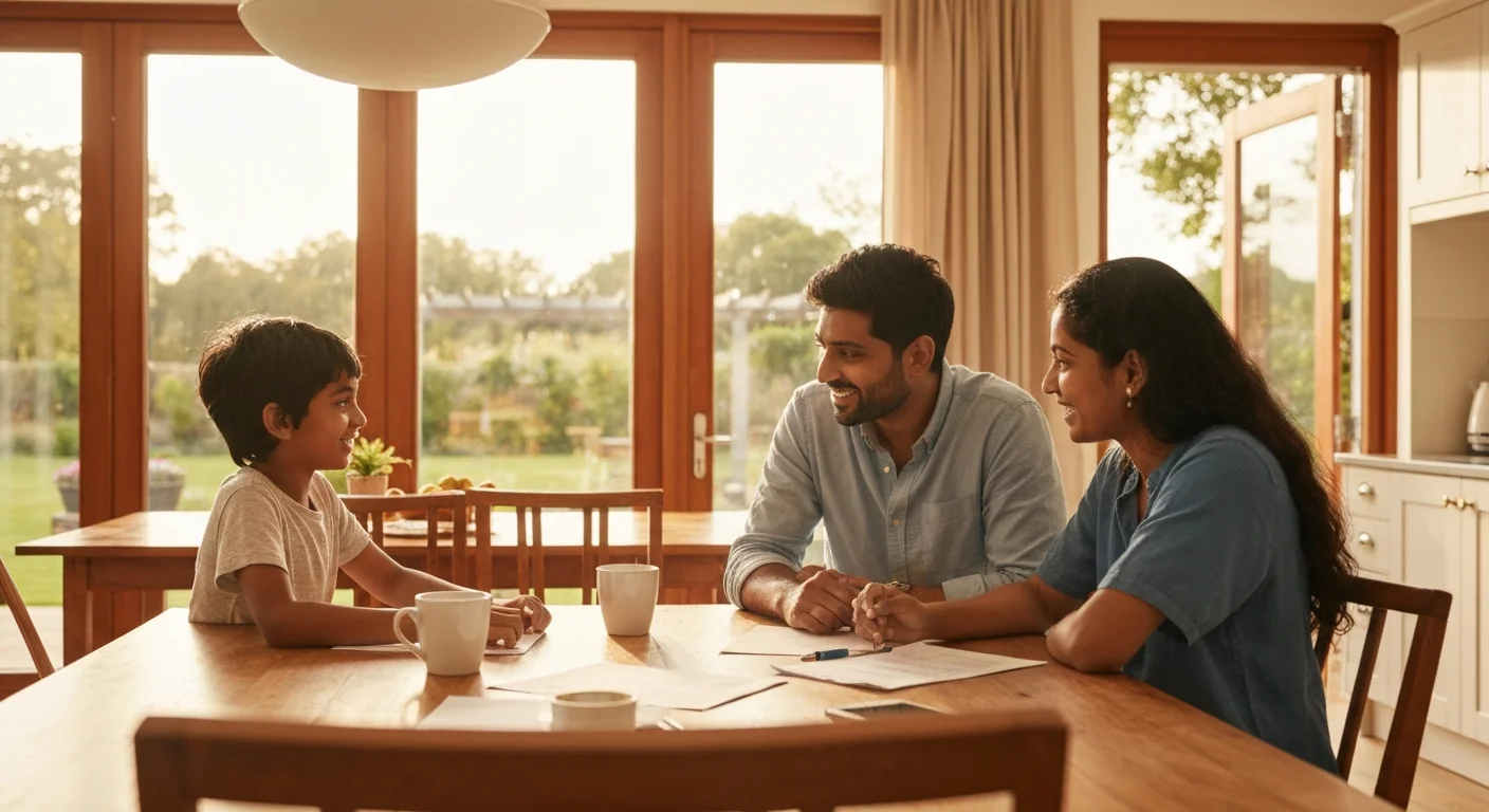Familie an einem Esstisch mit Kalender und Notizblock, Diskussion über Pläne
