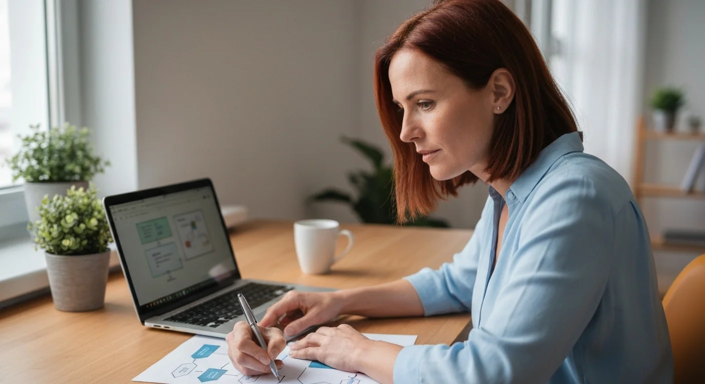 Frau erklärt sich selbst ein Diagramm auf Papier am Schreibtisch im Home-Office