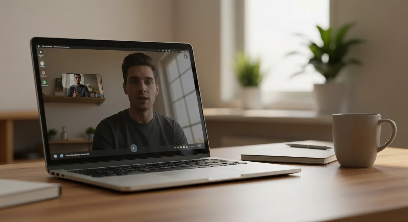 Zwei Personen in getrennten Home-Office-Settings im Videogespräch auf Laptop-Bildschirmen