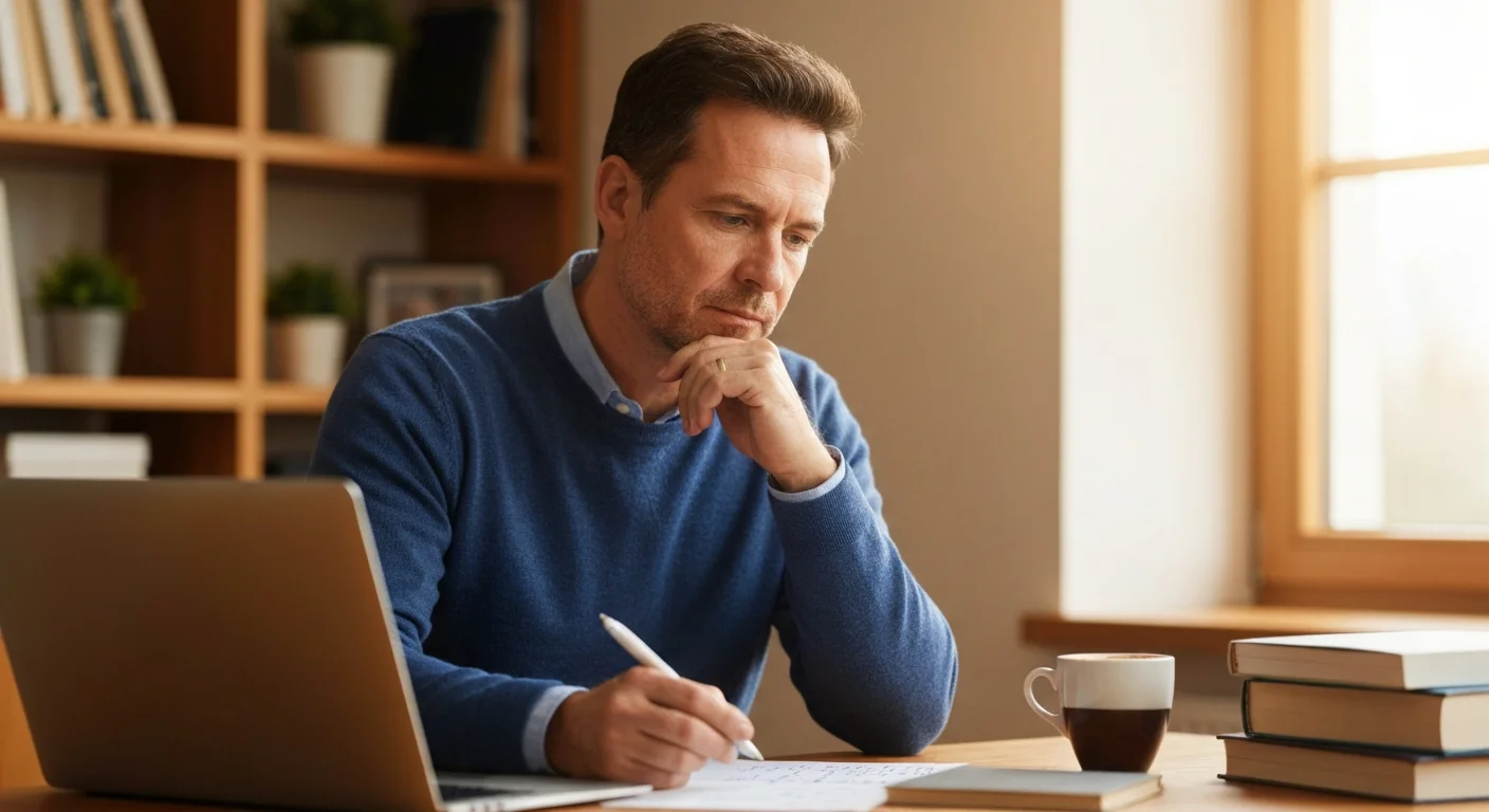 Mann im Homeoffice stützt den Kopf auf die Hand und schaut nachdenklich auf Notizen