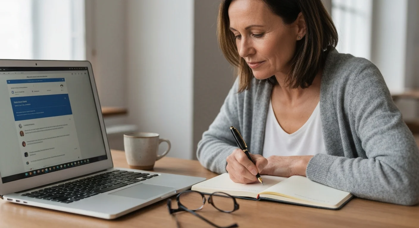 Frau macht handschriftliche Notizen neben einem Laptop mit offener Lernplattform