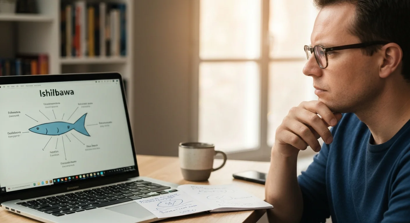 Teilnehmer diskutiert ein Ishikawa-Diagramm an einem digitalen Whiteboard
