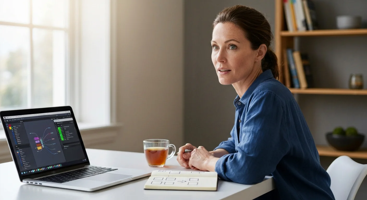 Frau mittleren Alters arbeitet konzentriert an einem visuellen No-Code-Workflow am Laptop
