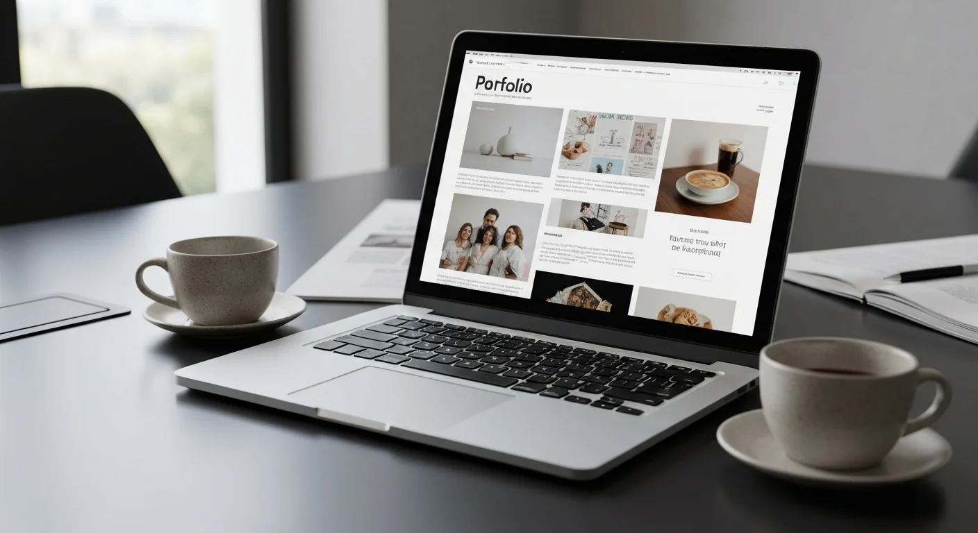 Laptop mit Portfolio geöffnet während eines Vorstellungsgesprächs