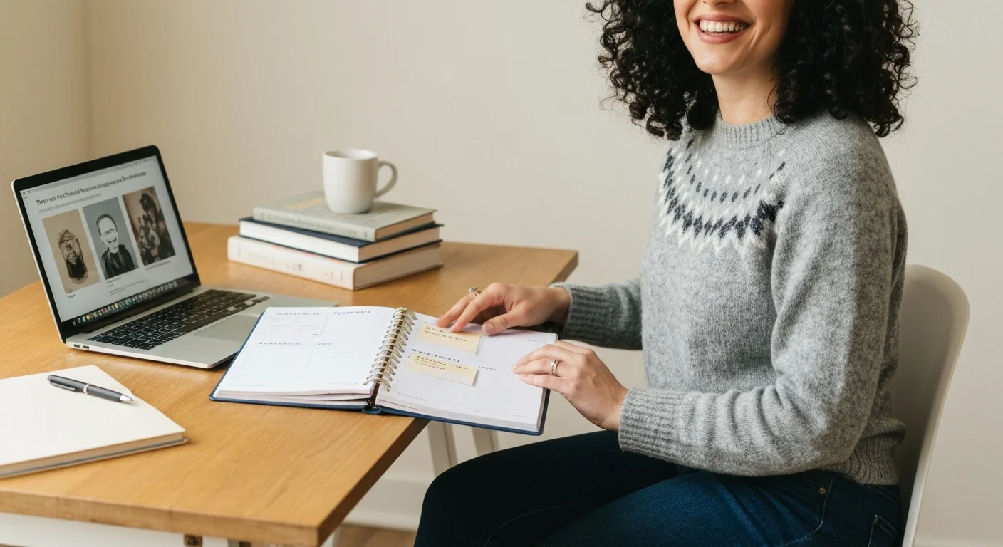 Wochenkalender mit Portfolio-Aufgaben und Laptop im Hintergrund