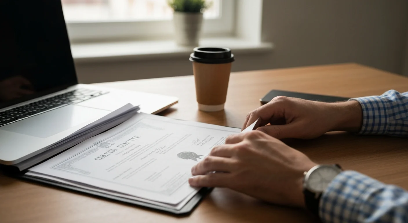 Aufgeschlagene Mappe mit Zeugnissen und Berufsausbildung-Zertifikaten neben einem Laptop