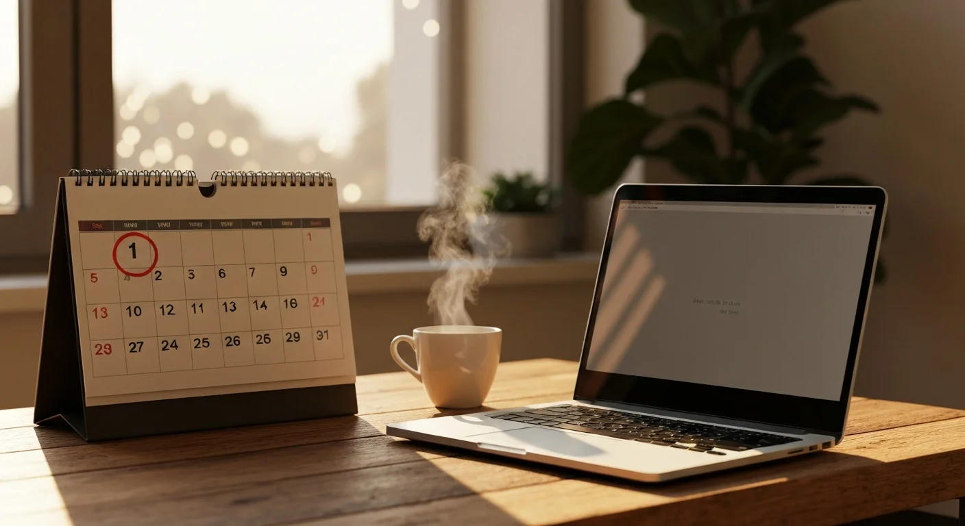 Kalender mit durchgestrichenem Tag und Laptop auf einem Schreibtisch