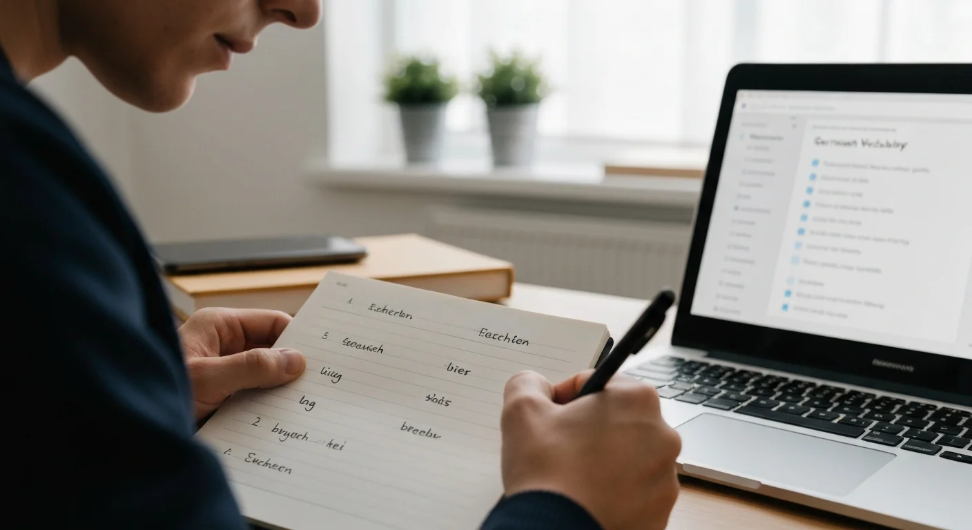 Person notiert sich deutsche Vokabeln in einem Notizbuch neben einem Laptop