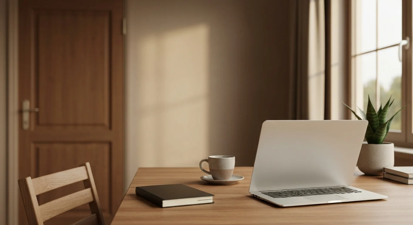 Ruhiger Home-Office-Arbeitsplatz mit geschlossener Tür und aufgeräumtem Schreibtisch