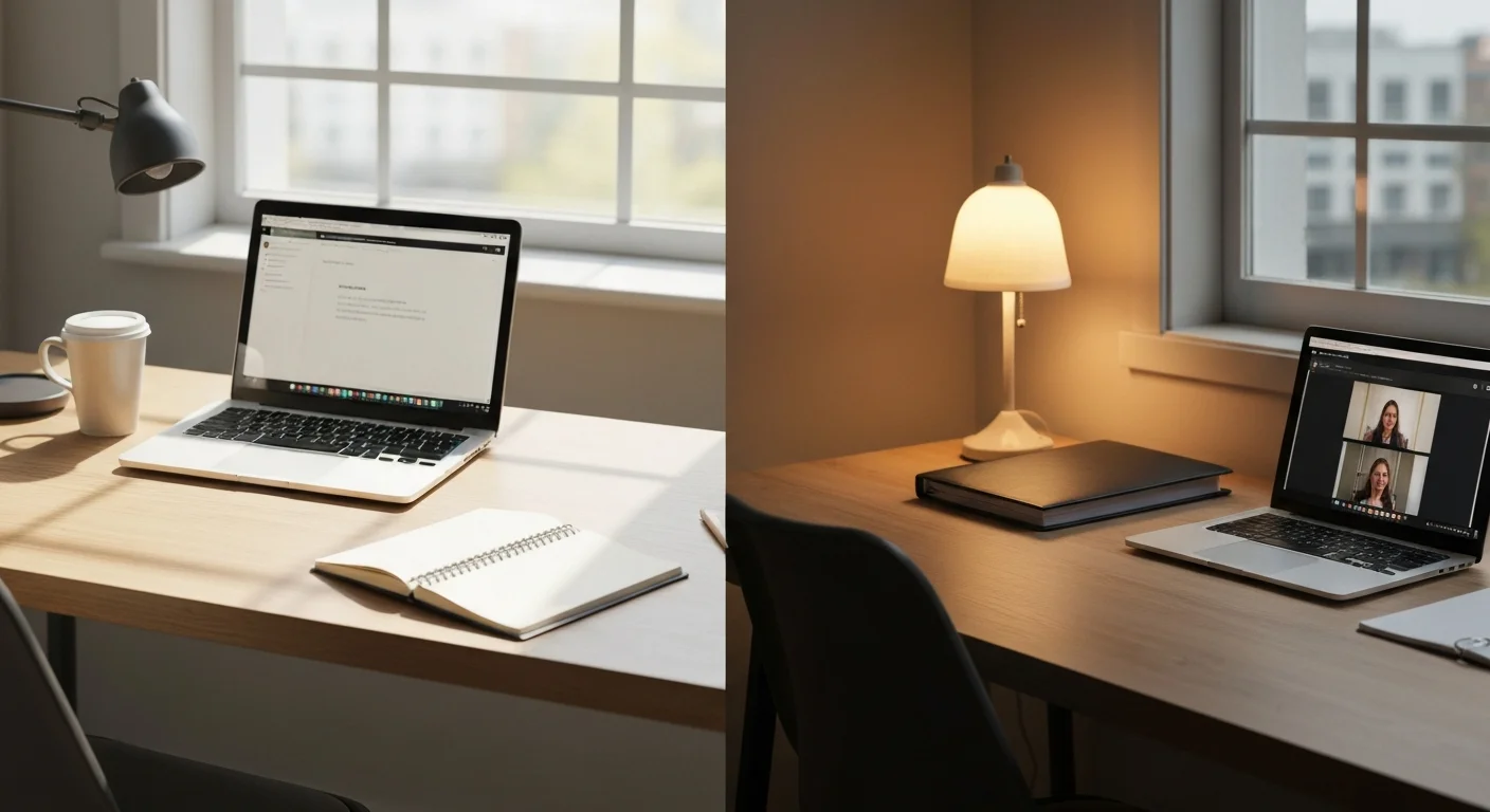 Zwei Schreibtische nebeneinander, einer mit Vollzeit-Lernumfeld, einer mit Büroarbeit am Abend
