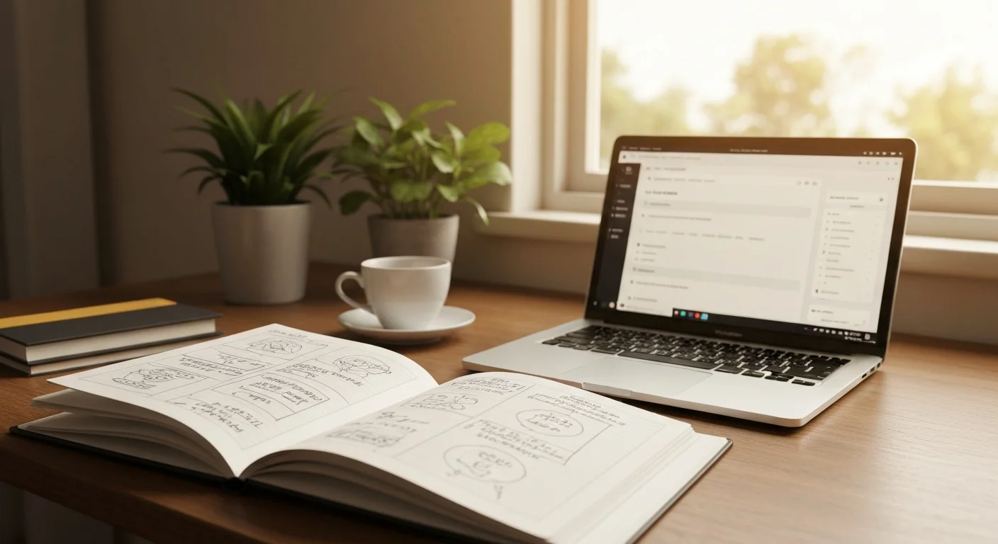 Aufgeschlagenes Notizbuch mit Projektskizzen neben einem Laptop im Homeoffice