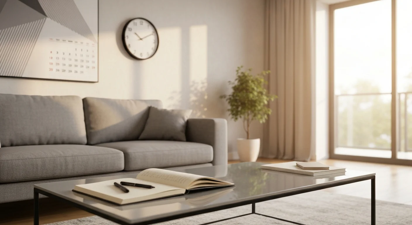 Ein Wandkalender und eine Uhr neben einem geöffneten Notizbuch auf einem Holztisch