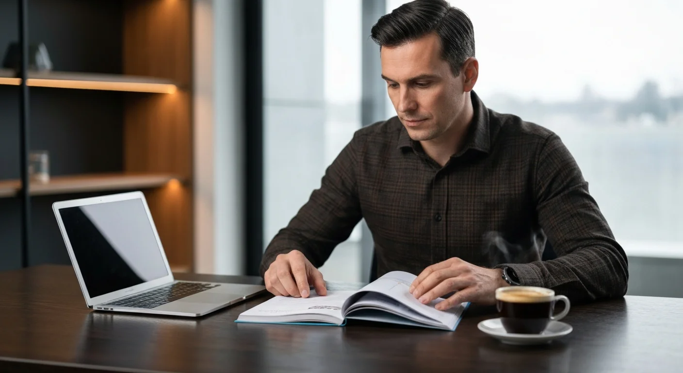 Teilnehmer blättert nachdenklich im Kurs-Curriculum