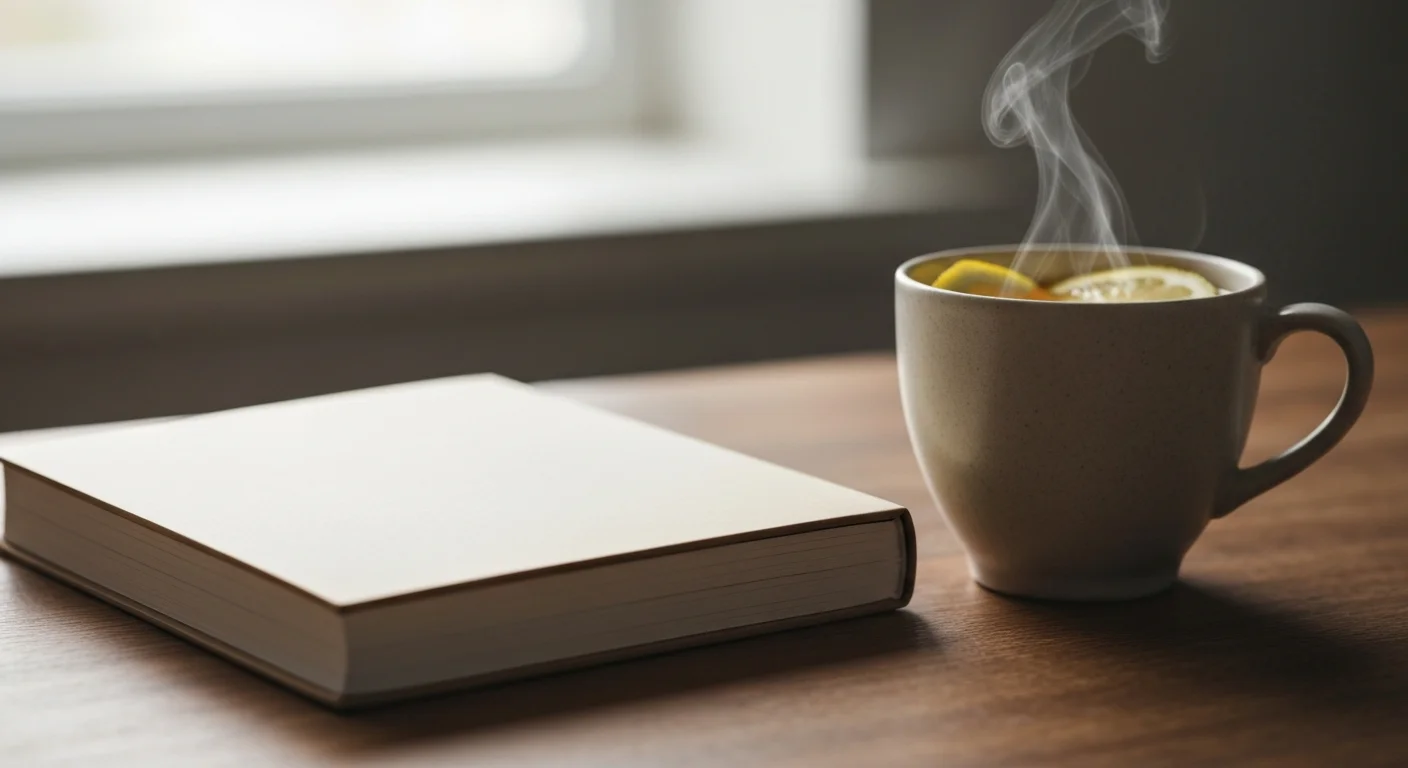 Geschlossenes Notizbuch neben einer Tasse Tee und Zitronen auf einem Holztisch