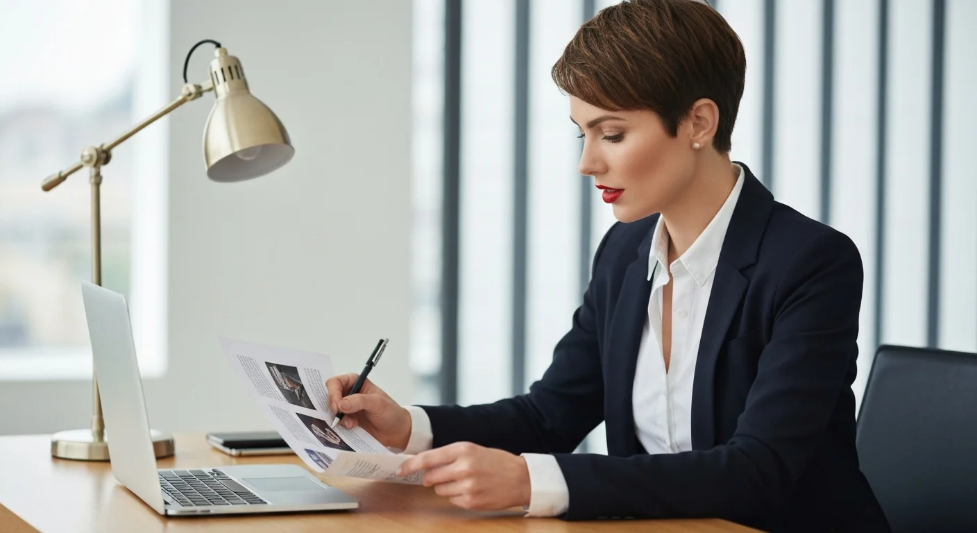 Personalerin prüft ein Portfolio am Schreibtisch mit Notizen