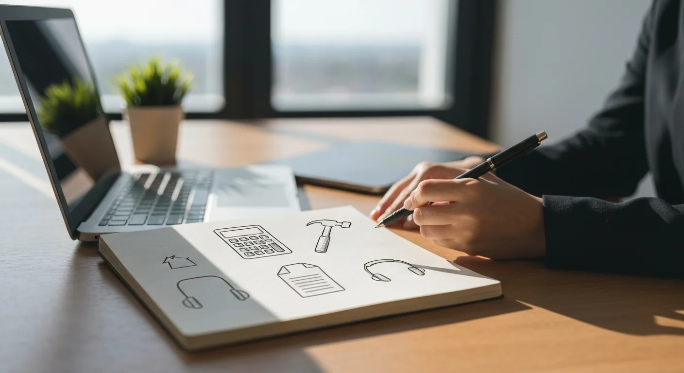 Verschiedene Symbole für Berufsfelder Buchhaltung, Vertrieb, Handwerk auf einem Notizblock