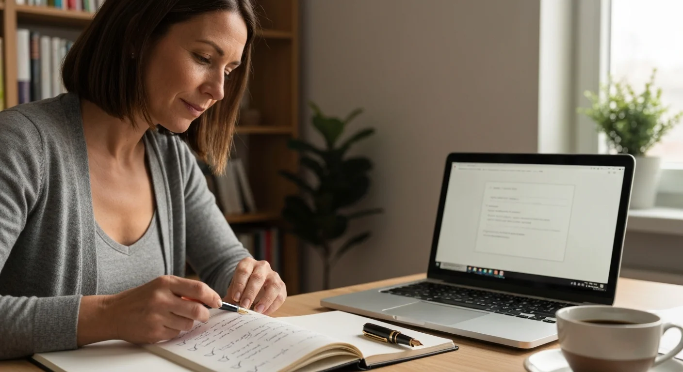 Schreibtisch mit Notizbuch, Checkliste und Laptop, an dem eine Frau prüft, ob sie die Voraussetzungen erfüllt
