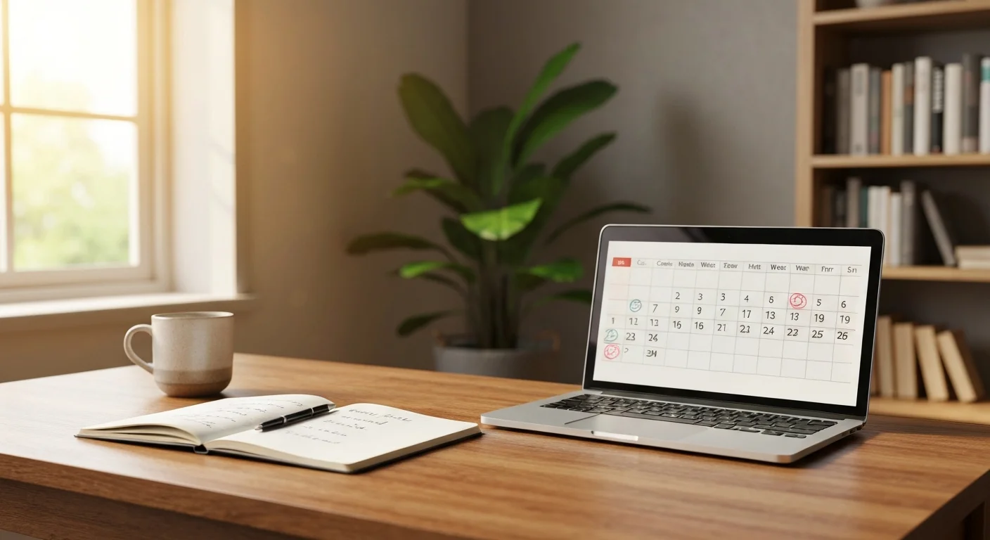 Kalender mit markierten Kurswochen neben einem Laptop und Notizbuch am Schreibtisch