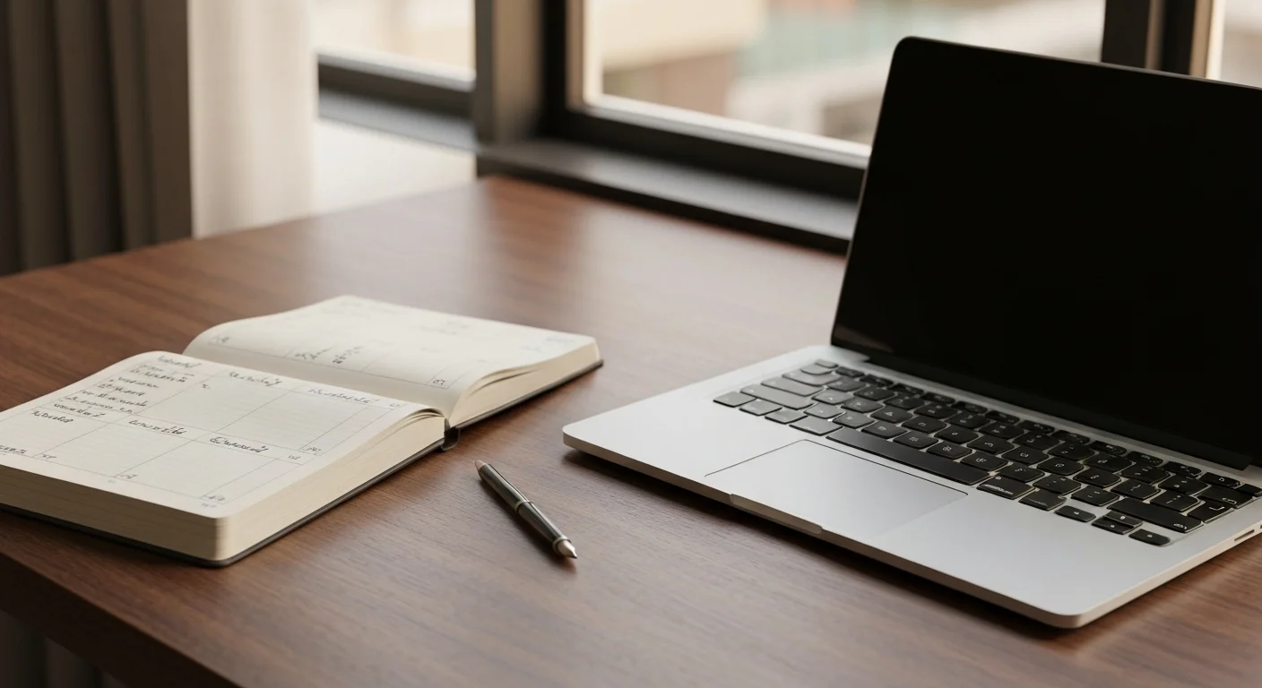 Aufgeschlagenes Notizbuch mit handschriftlichem Wochenplan neben einem Laptop