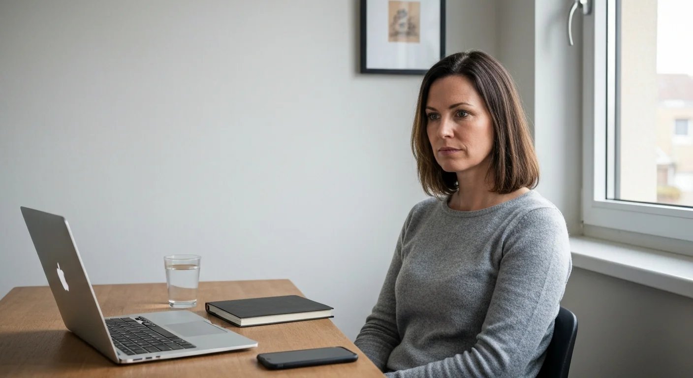 Ruhiger Arbeitsplatz zu Hause mit Laptop, Notizbuch und aufgeräumtem Schreibtisch bei Tageslicht